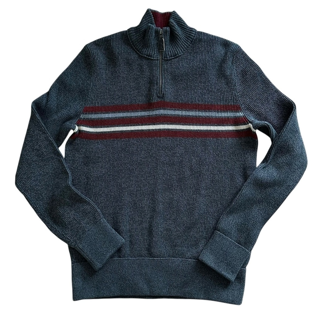 Eddie Bauer Striped Quarter Zip‎ Sweater - Charcoal & Maroon Cotton Knit - Large